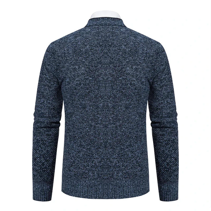 Callum navy blue knit cardigan, back view showing ribbed hem and cuffs
