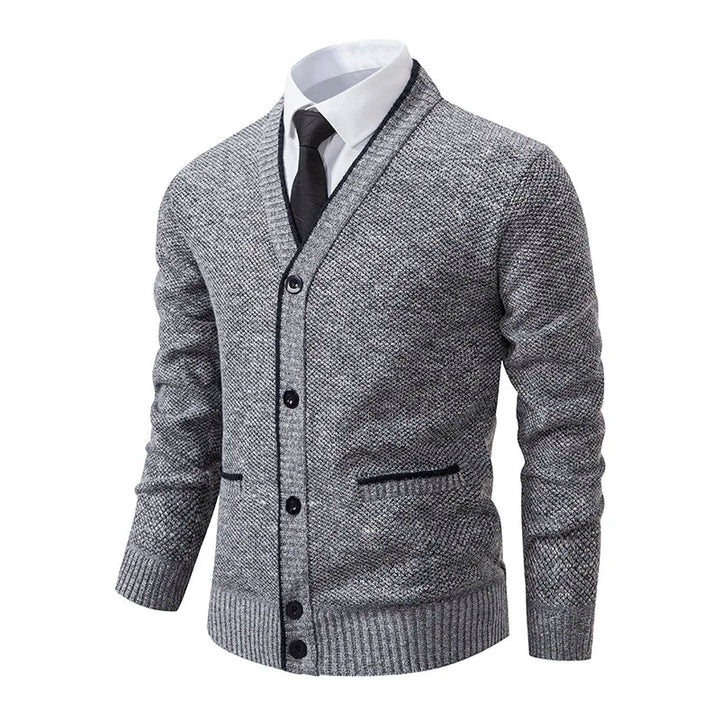 Callum light gray V-neck cardigan, front angle view