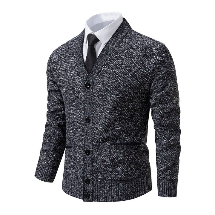 Callum charcoal gray knit cardigan, front view with ribbed trim