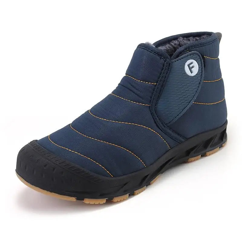 Callum fleece lined slip-on snow boots in navy blue, side angle view