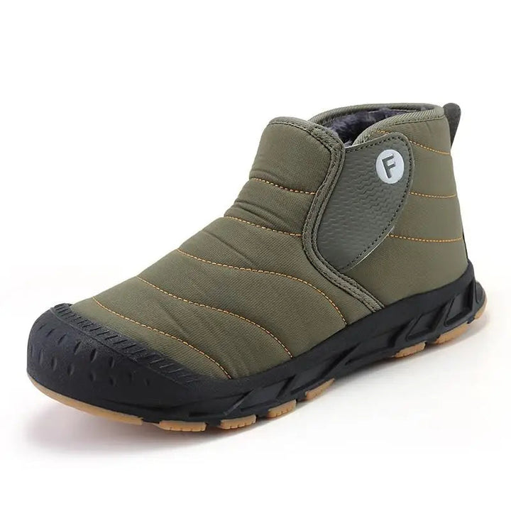 Callum fleece lined slip-on snow boots in olive green, side angle view