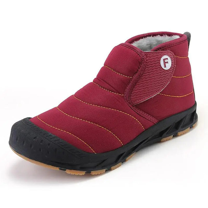 Callum fleece lined slip-on snow boots in burgundy red, side angle view
