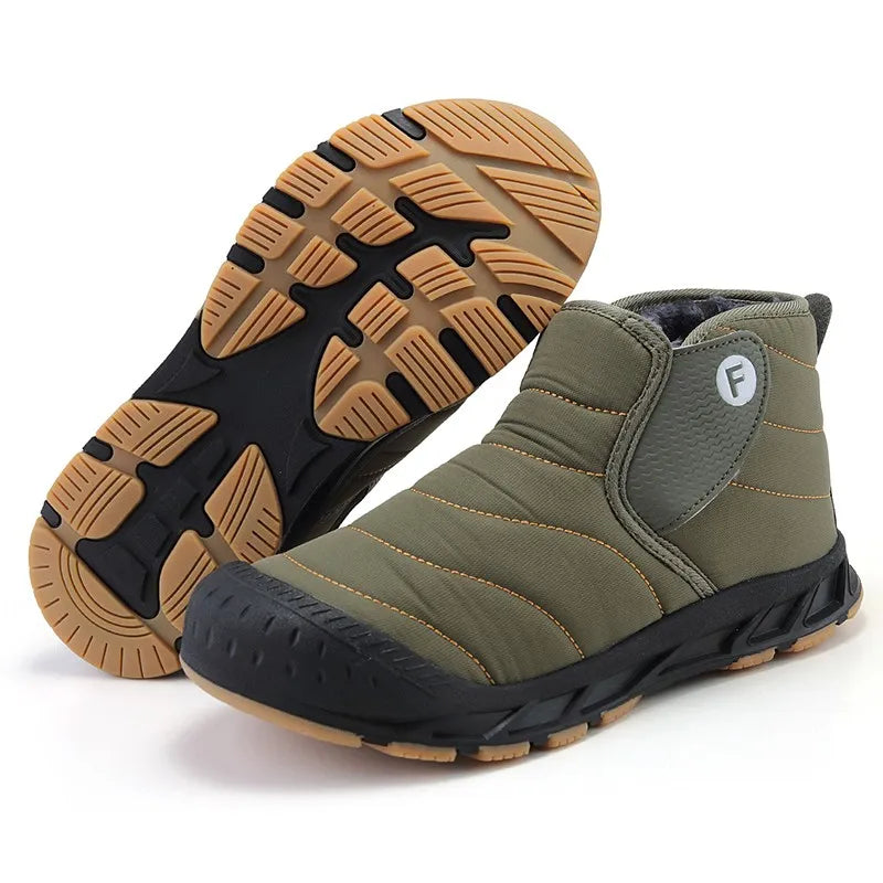 Callum snow boots in olive green shown with textured rubber outsole