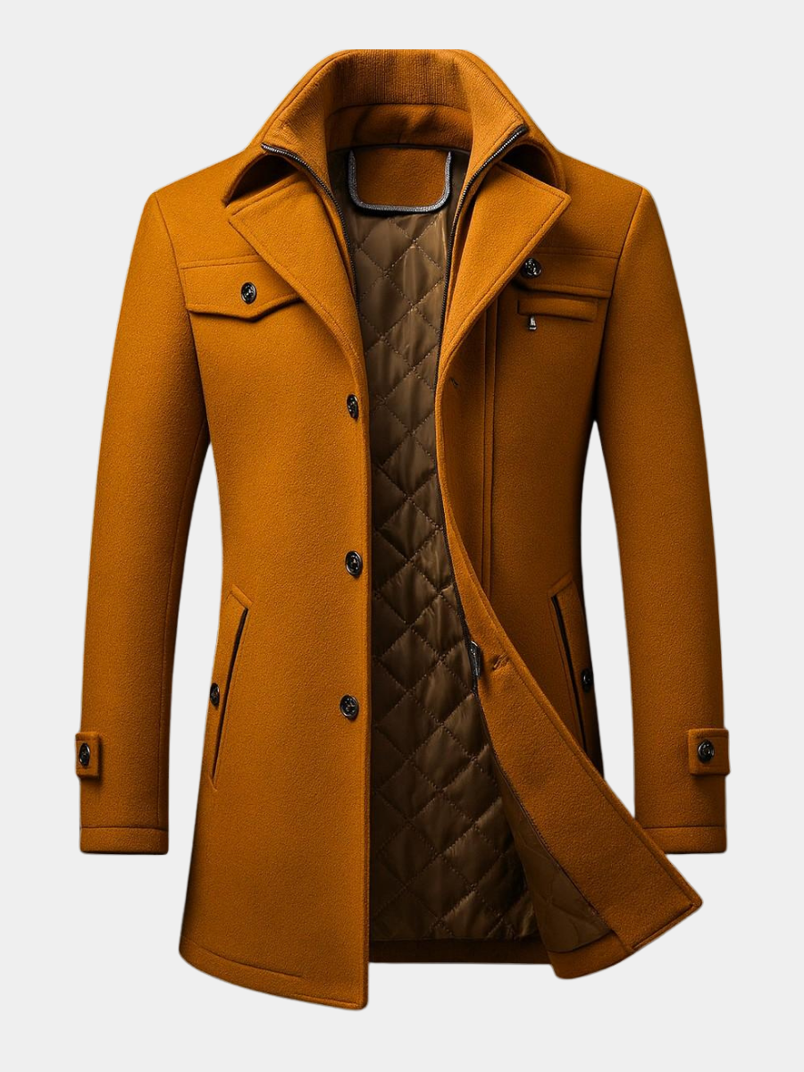 Callum tailored peacoat with double-layer collar and welt pockets, front view in rust orange