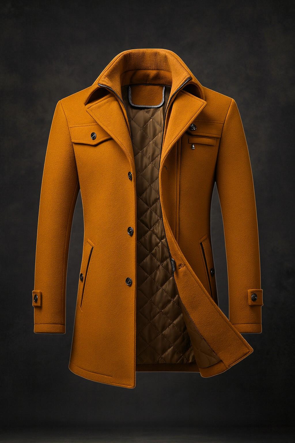 Callum peacoat front view showing notched lapel and quilted lining, rust orange colorway