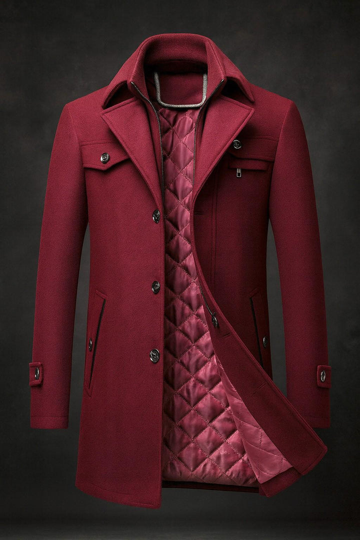 Callum peacoat in burgundy with double-layer collar and tailored silhouette