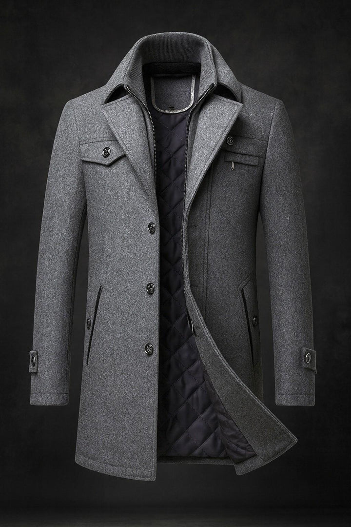 Callum peacoat in grey with notched lapel and welt flap pocket
