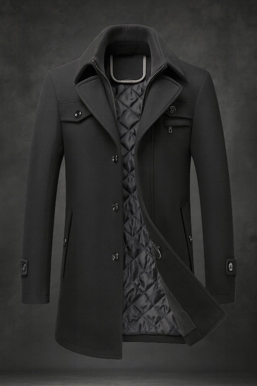 Callum peacoat in black with double-layer collar, front view