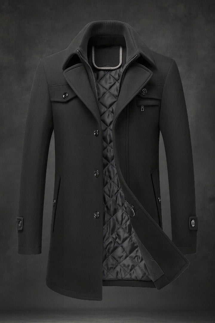 Callum peacoat in black with double-layer collar, front view
