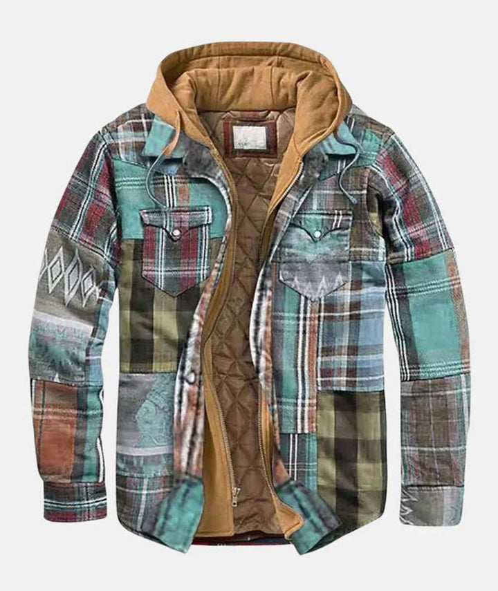 Dashiell patchwork hooded flannel jacket in teal and maroon, open front view
