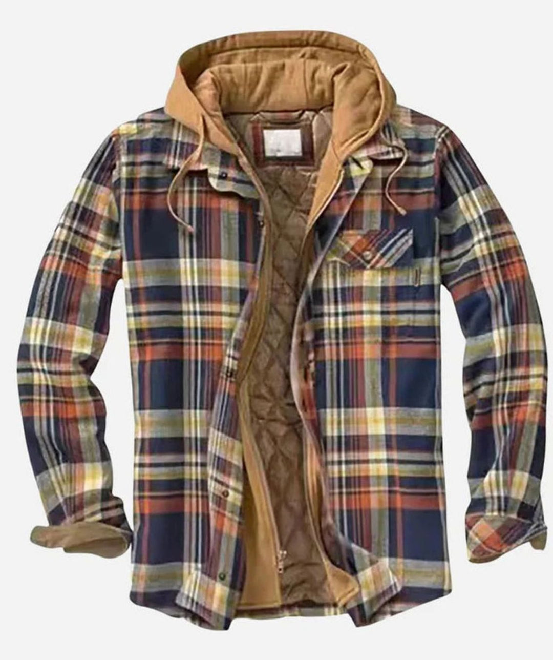 Dashiell patchwork hooded flannel jacket in navy plaid, open front view