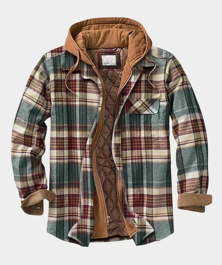 Dashiell patchwork hooded flannel jacket in earth tone plaid, open front view