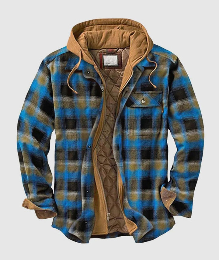 Dashiell patchwork hooded flannel jacket in blue plaid, open front view