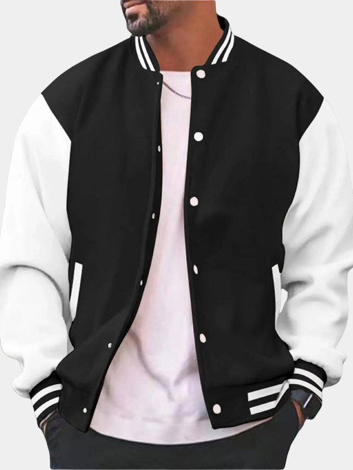 Deacon black and white varsity bomber jacket, front view unbuttoned
