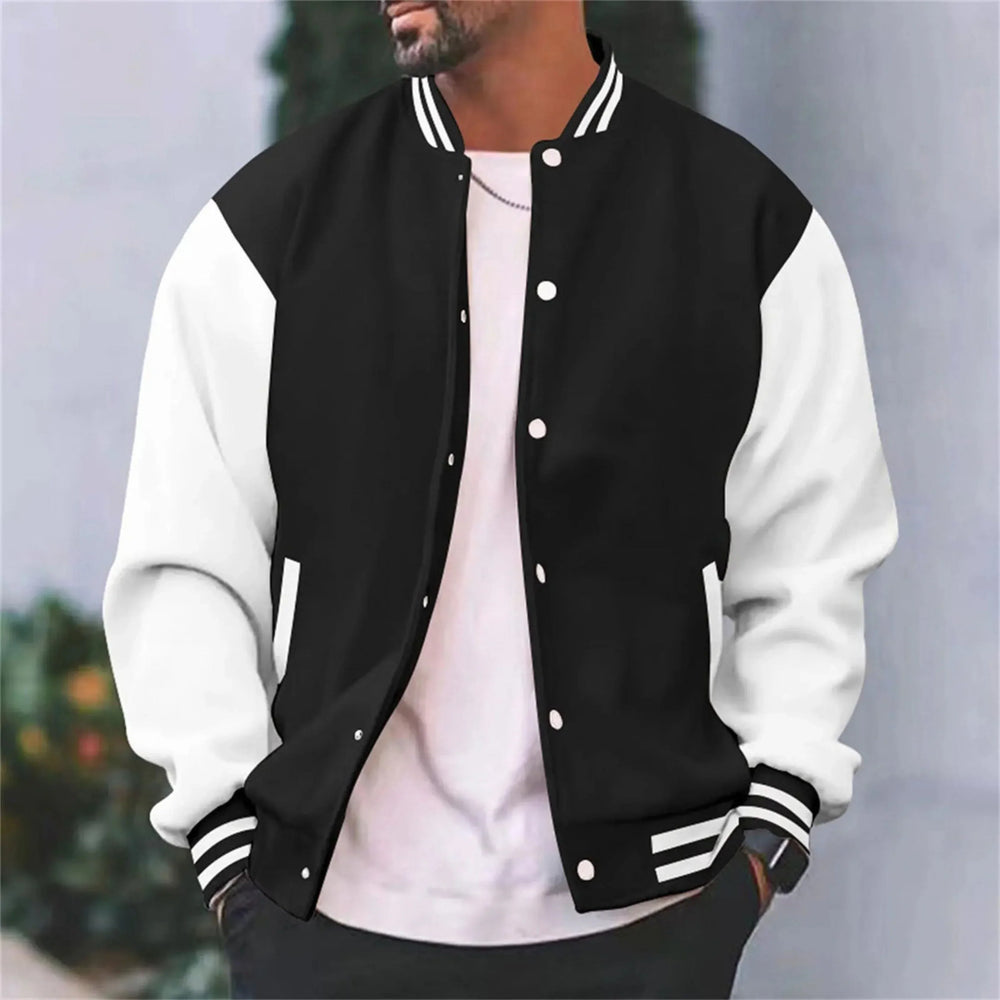 Deacon black and white varsity bomber jacket, close front view