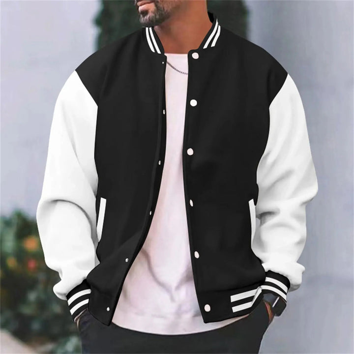 Deacon black and white varsity bomber jacket, close front view