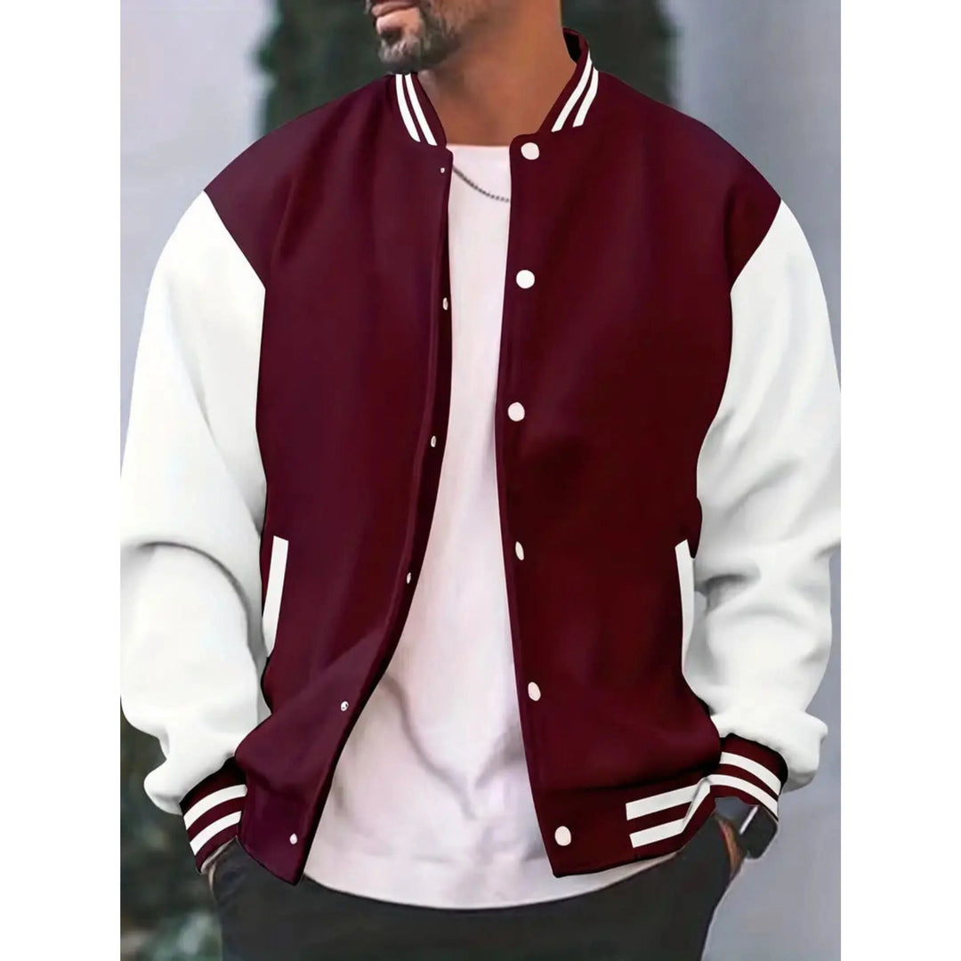 Deacon burgundy and white varsity bomber jacket, front view