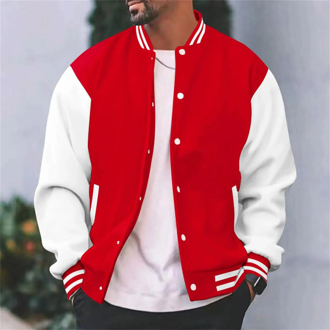 Deacon red and white varsity bomber jacket, front view