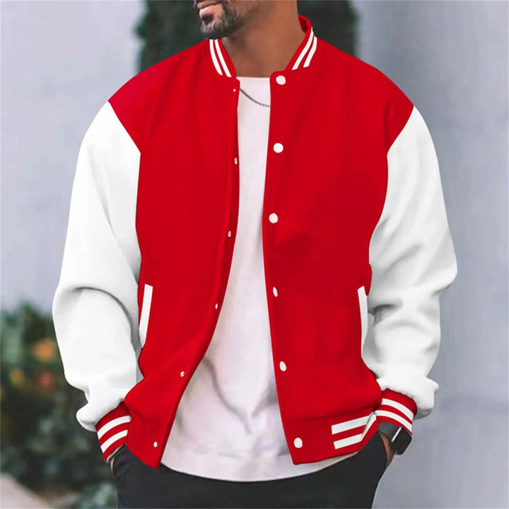 Deacon red and white varsity bomber jacket, front view