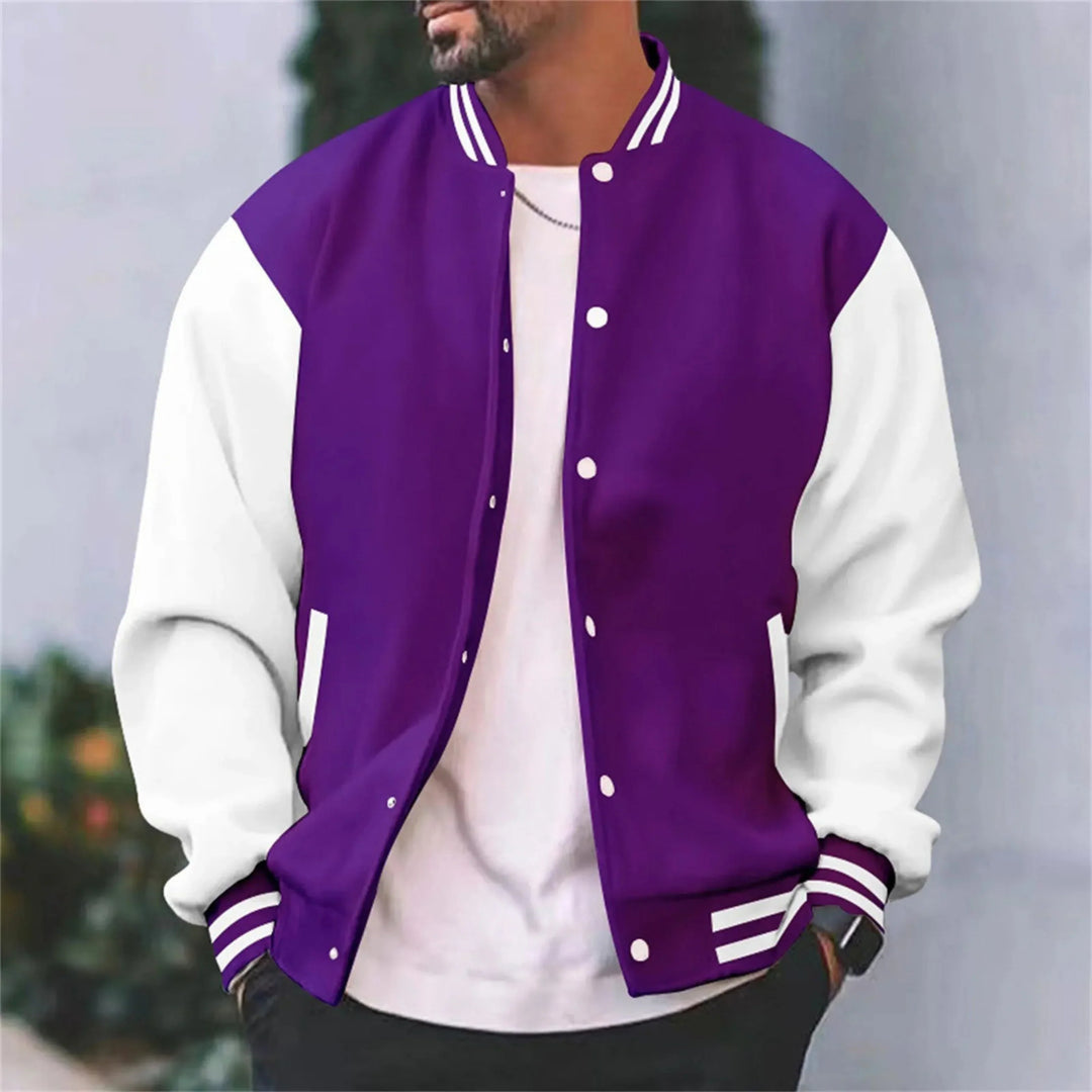 Deacon purple and white varsity bomber jacket, front view