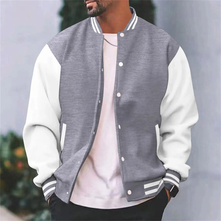 Deacon gray and white varsity bomber jacket, front view