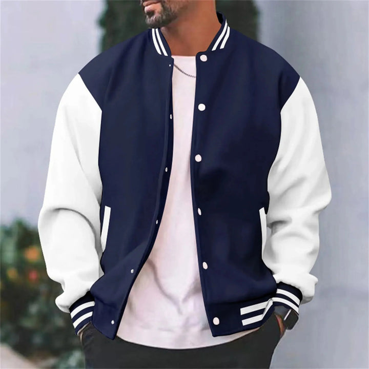 Deacon navy and white varsity bomber jacket, front view