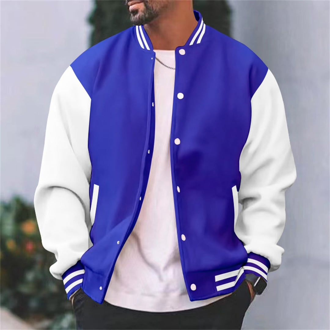 Deacon blue and white varsity bomber jacket, front view