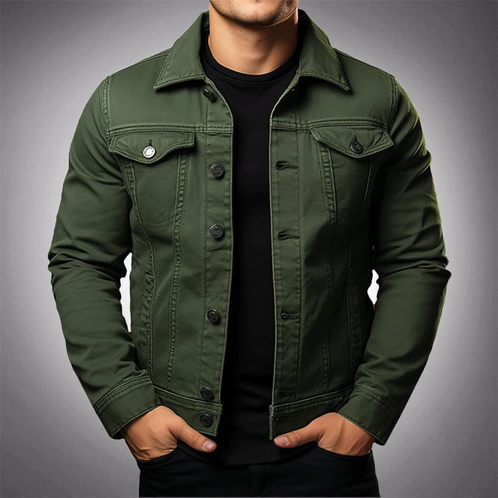 Dean trucker denim jacket in green, front view with button closure