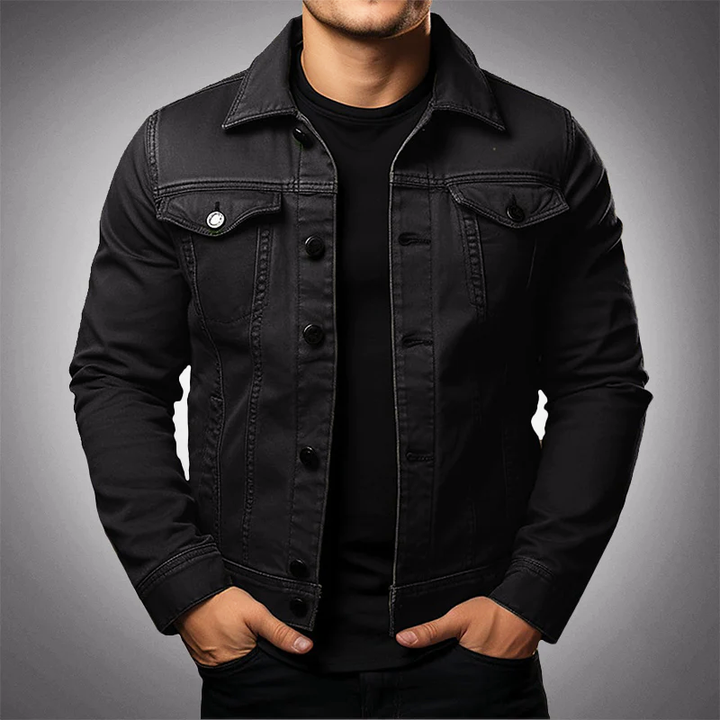 Dean trucker denim jacket in black, front view with chest pockets