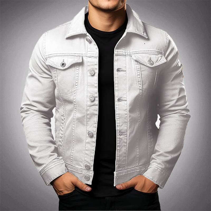 Dean trucker denim jacket in white, front view with spread collar