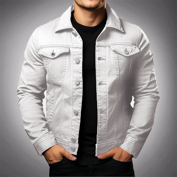 Dean trucker denim jacket in white, front view with spread collar