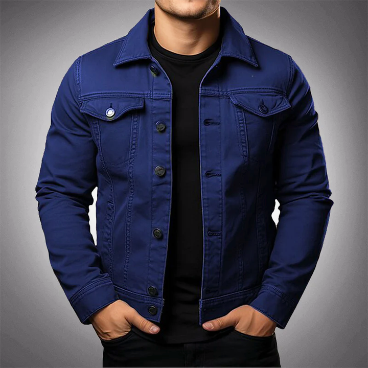 Dean trucker denim jacket in navy blue, front view with long sleeves