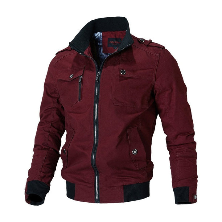 Dominic military bomber jacket in burgundy, front view