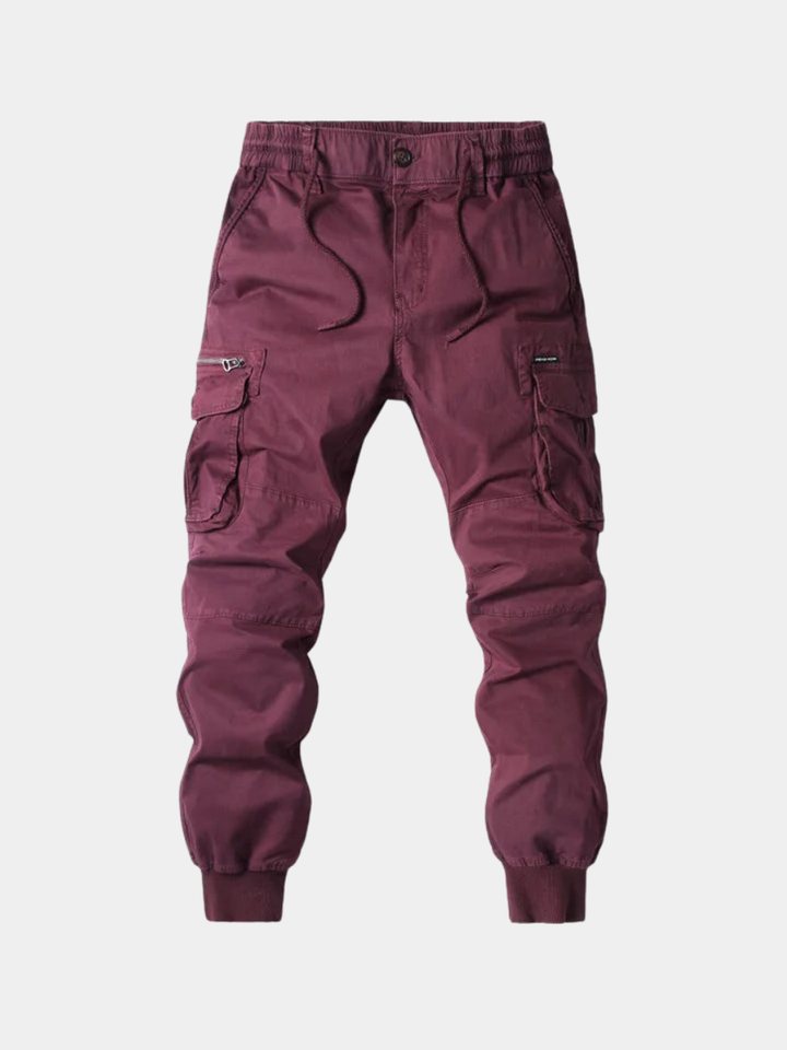 Dorian utility cargo jogger pants in burgundy, front view