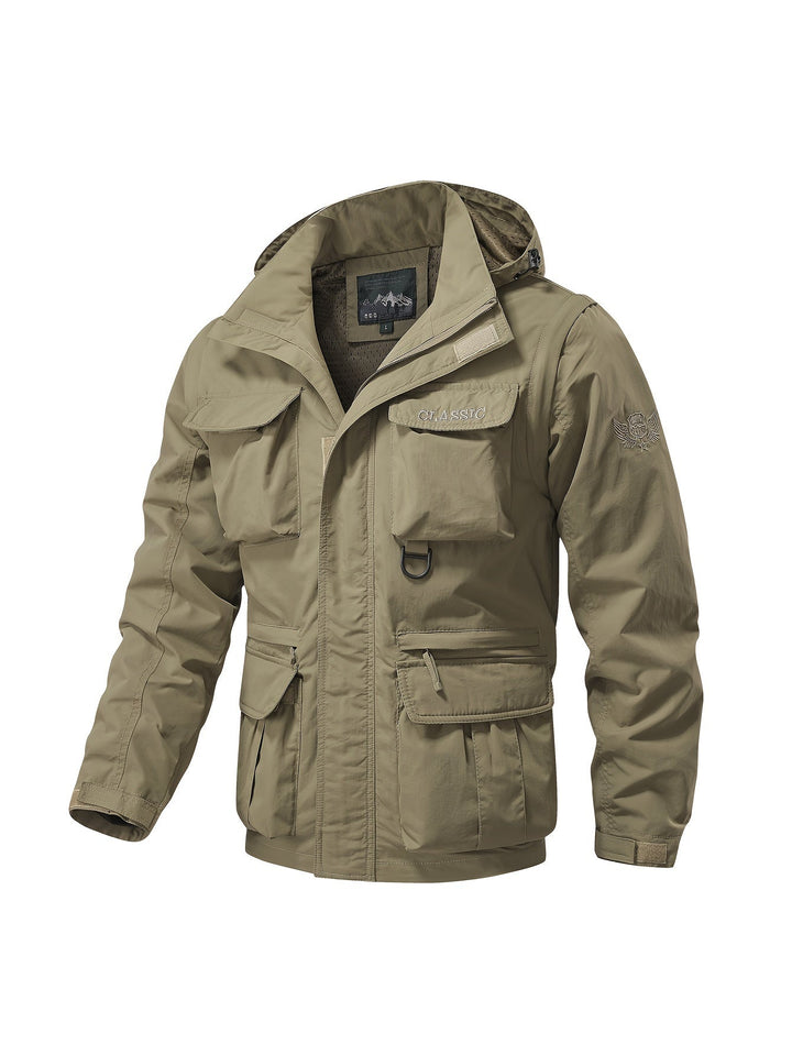 Emerson cargo jacket full front view with hood up, multi-pocket design