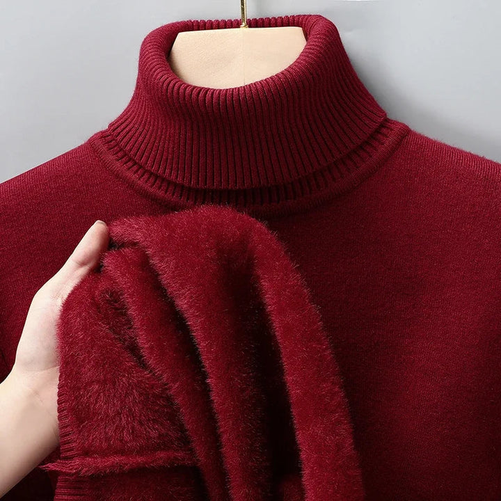 Emiliano burgundy turtleneck sweater displayed on mannequin with fabric texture