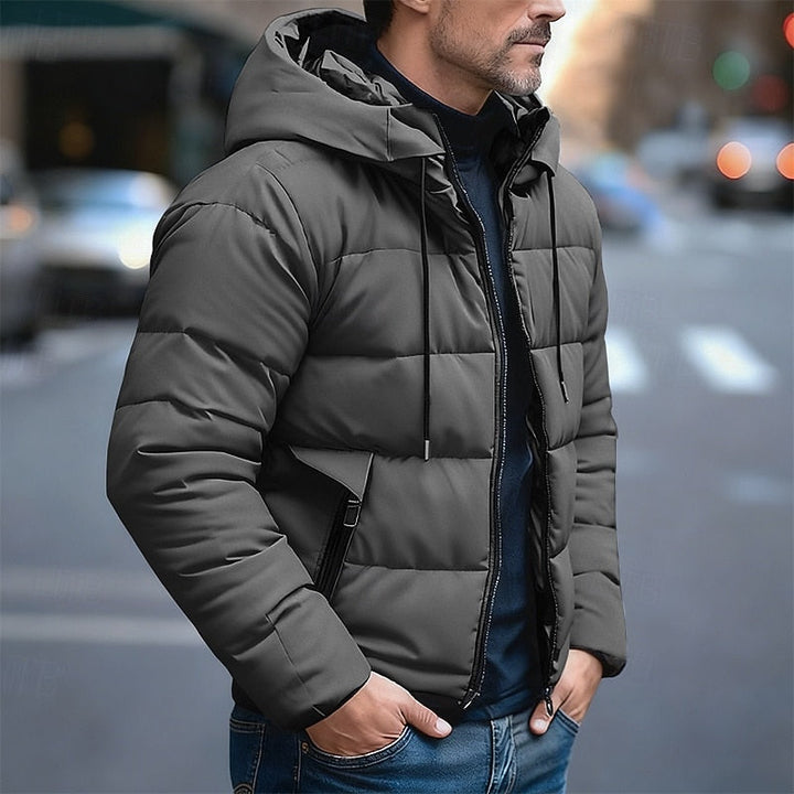 Emmett insulated hooded puffer jacket in dark grey, side view