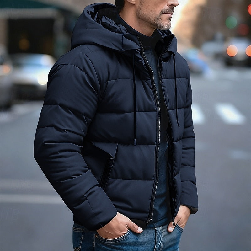 Emmett insulated hooded puffer jacket in navy blue, side view