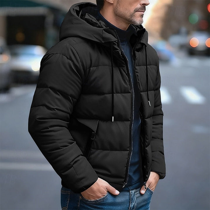 Emmett insulated hooded puffer jacket in black, side view