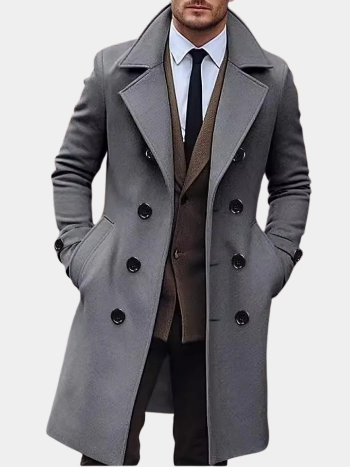 Everett trench coat in gray, close-up front view with double-breasted buttons and notched lapel
