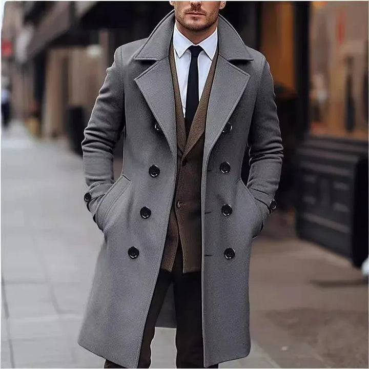 Everett trench coat in gray, full-length street style front view