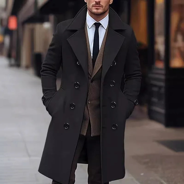 Everett trench coat in black, full-length street style front view
