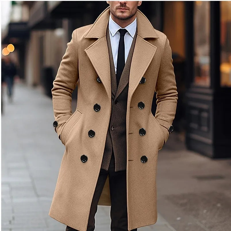 Everett trench coat in camel, full-length street style front view