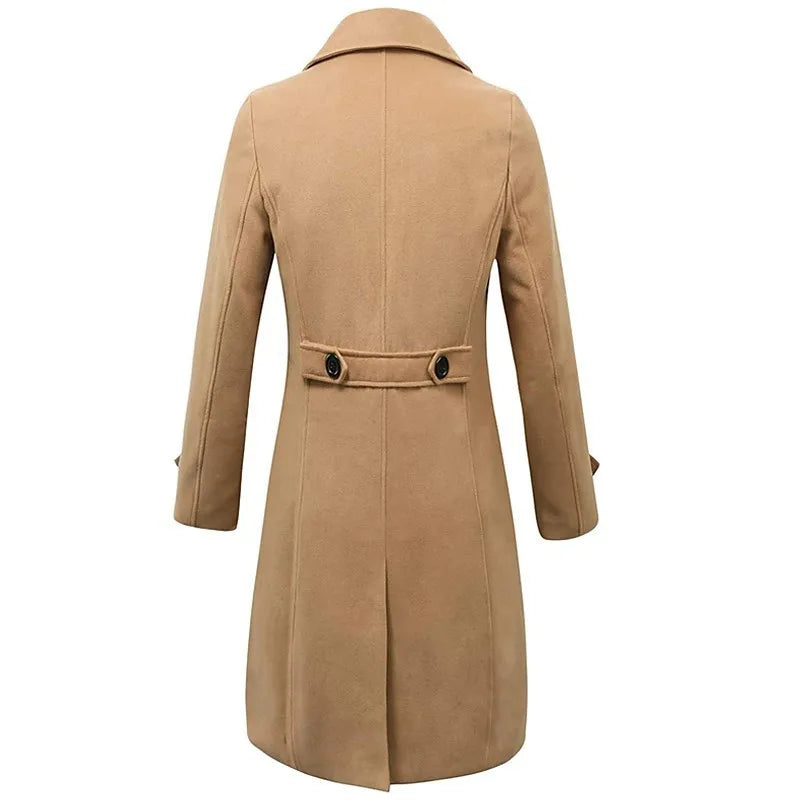 Everett trench coat in camel, back view showing longline silhouette