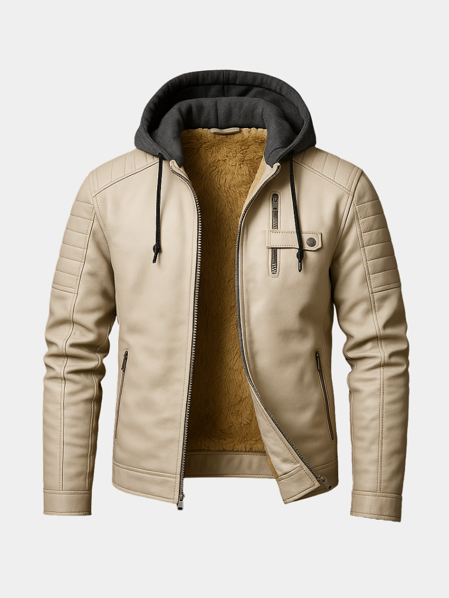 Grayson hooded leather jacket in cream, front view on white background