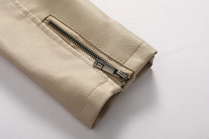 Close-up of sleeve cuff zip detail on Grayson leather jacket