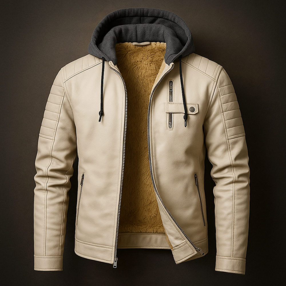 Grayson hooded leather jacket in cream, front view on dark background