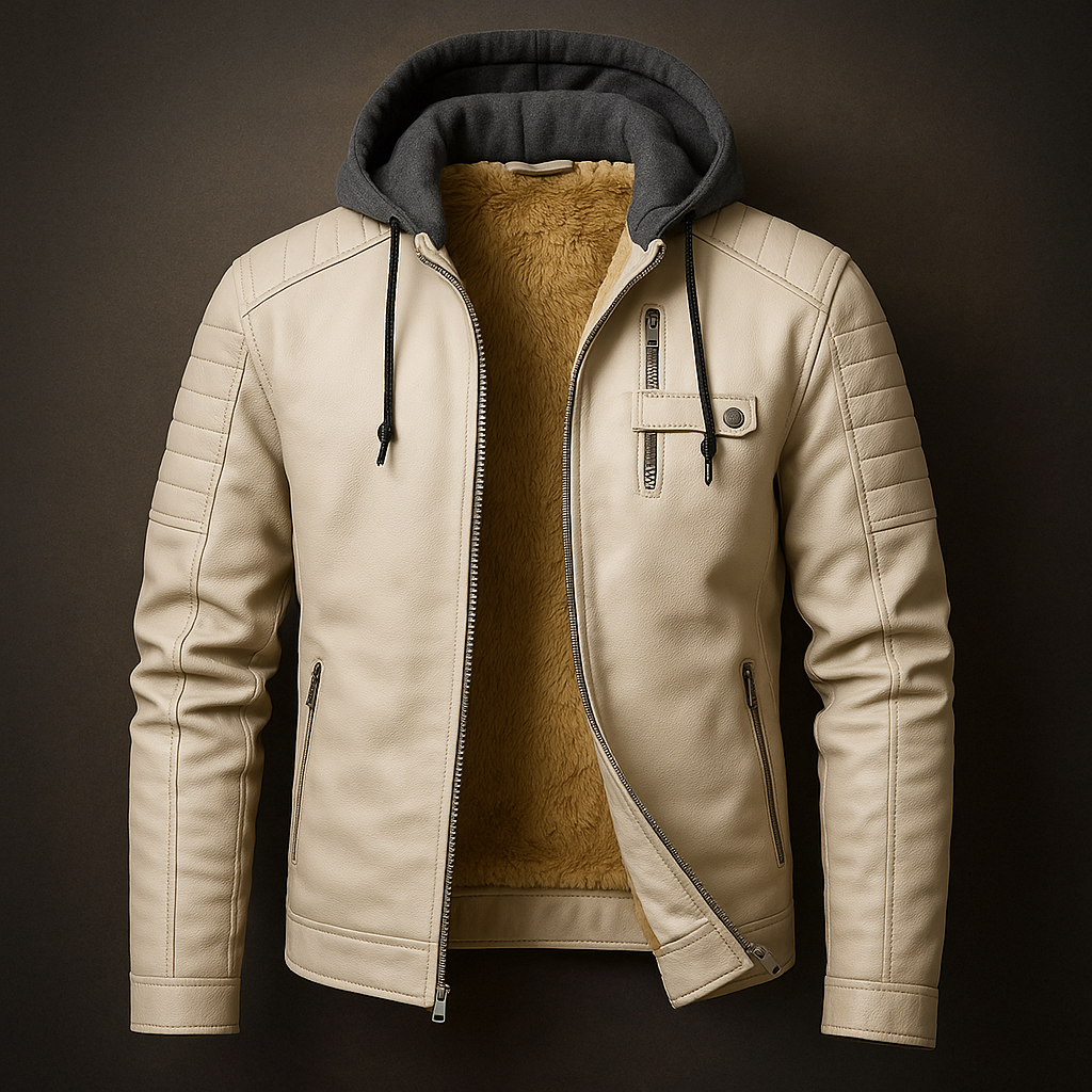 Grayson hooded leather jacket in cream, front view on dark background