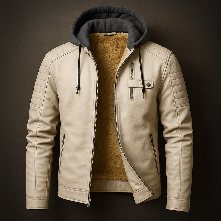Grayson hooded leather jacket in cream, front view on dark background