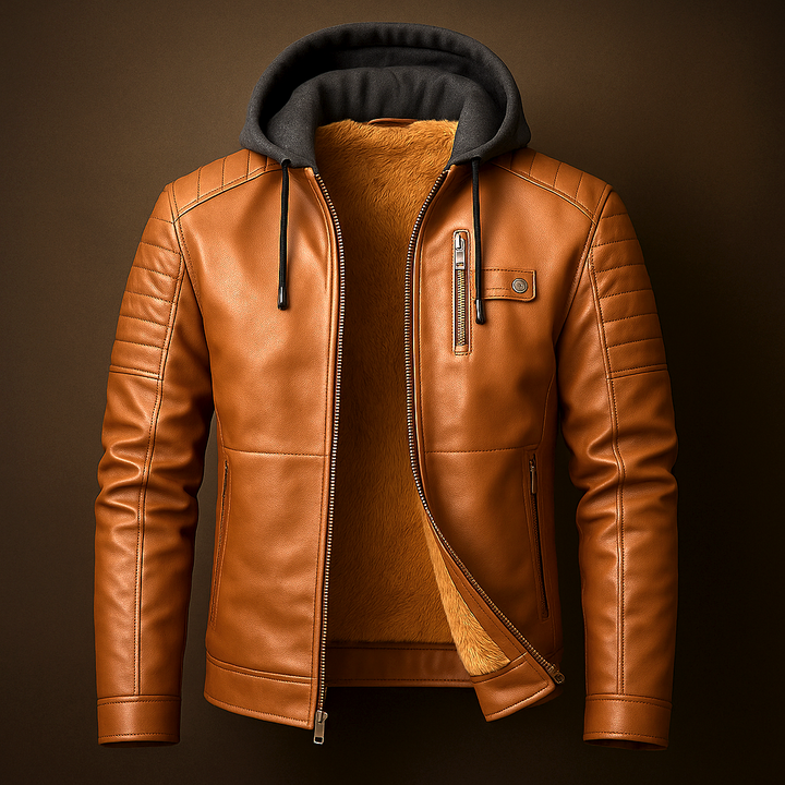 Grayson hooded leather jacket in tan, front view on dark background